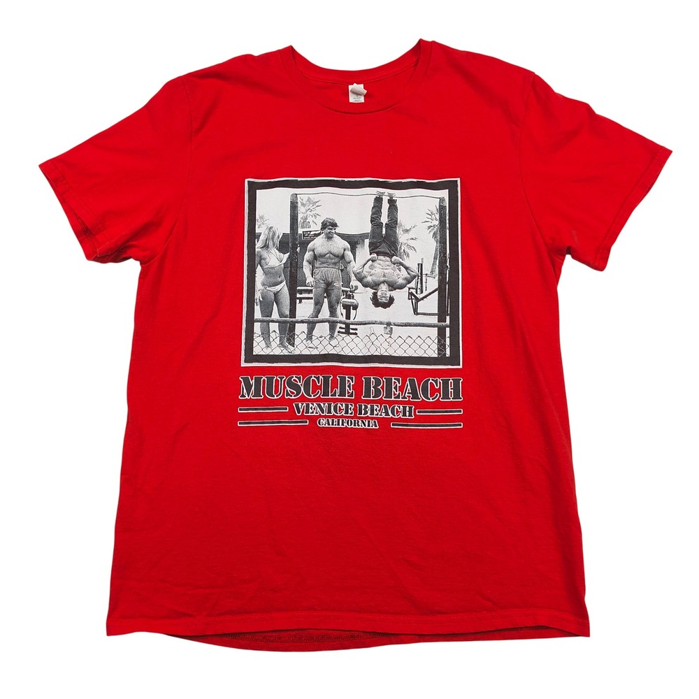 Muscle Beach Venice California Red Tee Graphic T-Shirt L Arnold Body Builder VTG